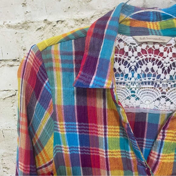 Soft Surroundings Kona Shores Gauze Plaid Button Detail Shirt Top - Picture 3 of 6